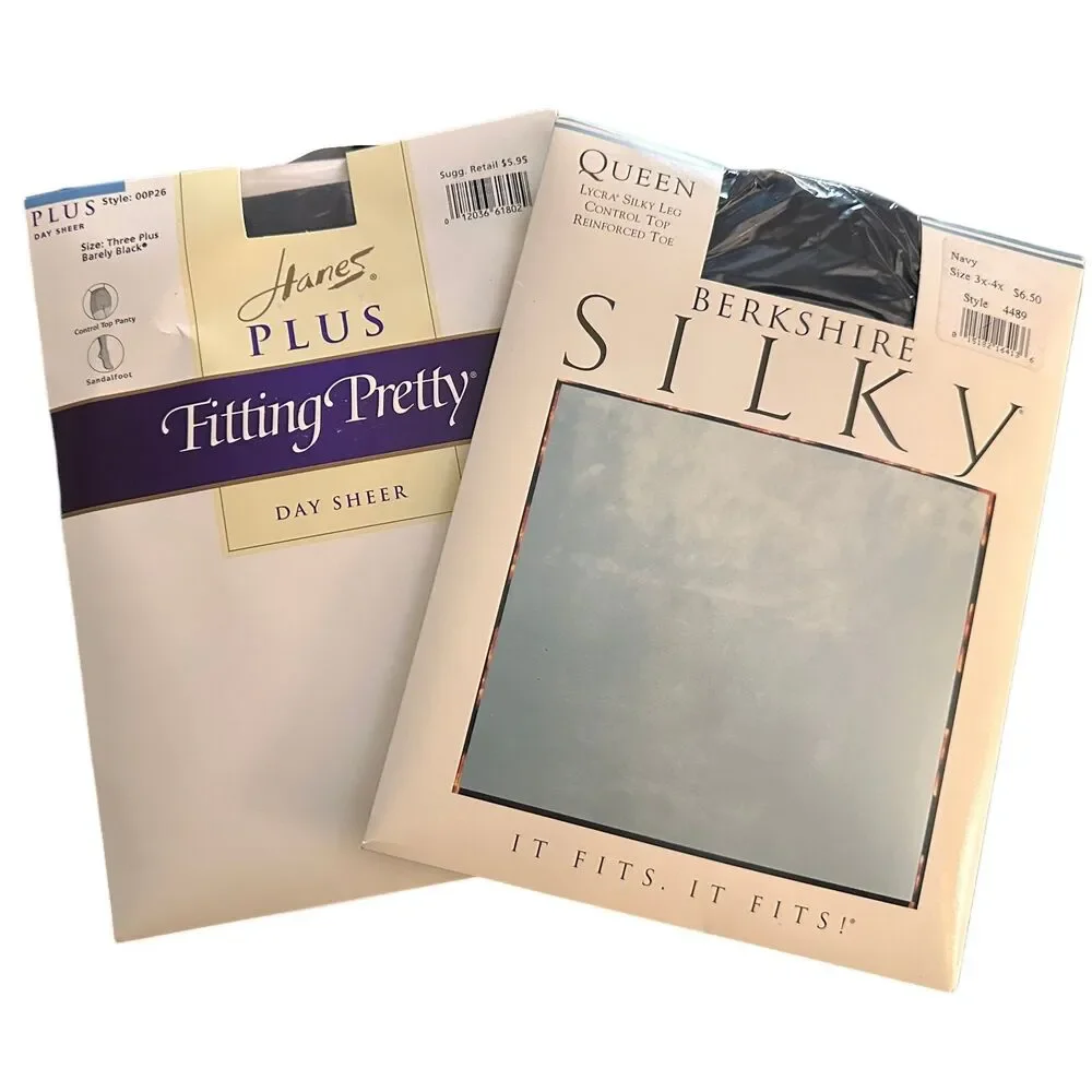 Berkshire Silky Sheer Leg Control Top Queen Pantyhose Navy 2 pk Vintage 3X - 4X